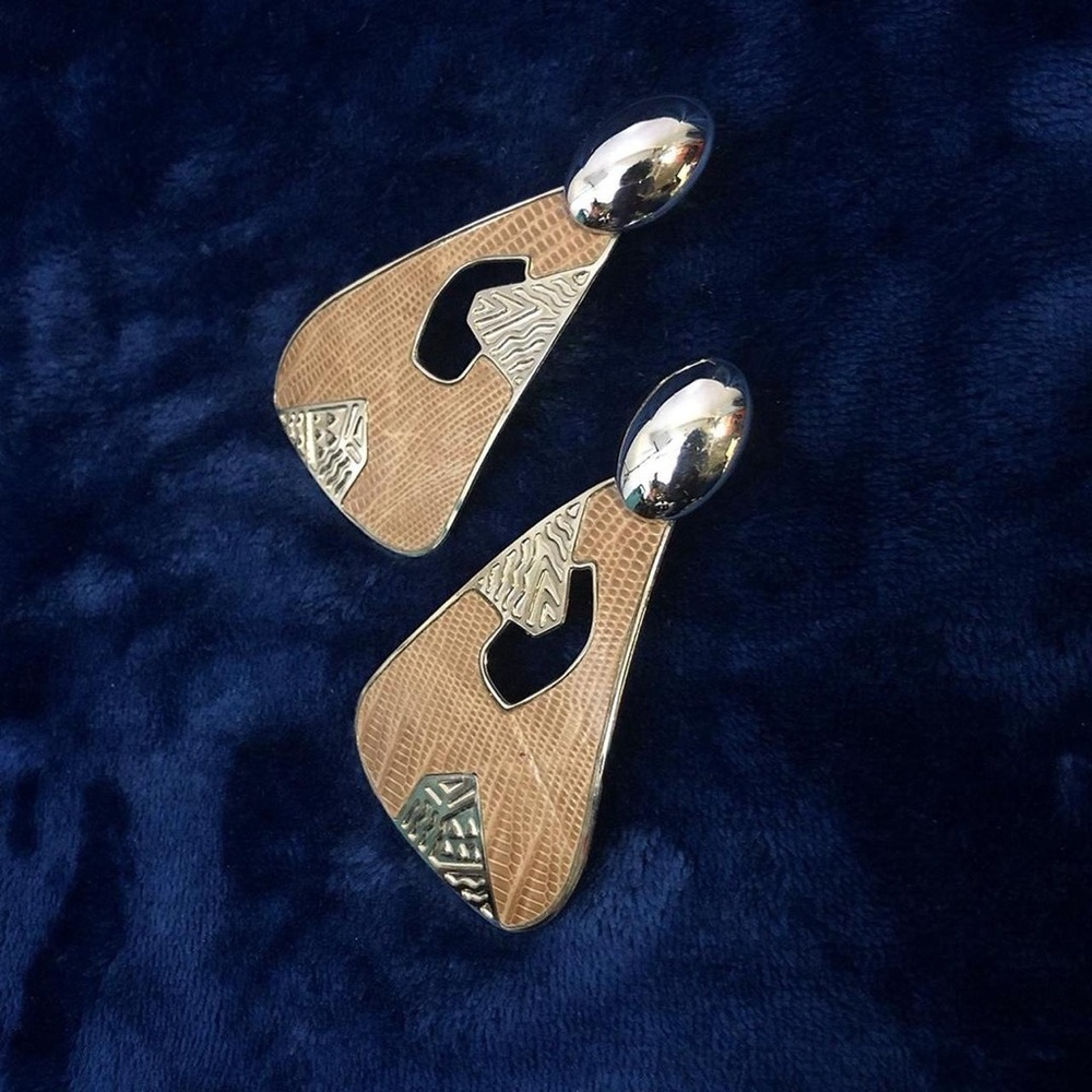 Contemporary Silver and Tan Geometric Drop Earrings
